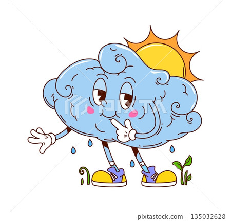 Funky groovy vector character of fluffy cute cloud with pink cheeks and thoughtful smile stands beside a glowing sun, small raindrops and green sprouts appear below. Funny figure with comic expression Funky groovy vector character of fluffy cute cloud with pink cheeks and thoughtful smile stands beside a glowing sun, small raindrops and green sprouts appear below. Funny figure with comic expression 135032628