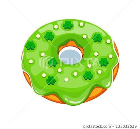 Happy St Patrick day sweet donut with shamrock sprinkles for Irish holiday, cartoon vector. Green cookie dessert for Saint Patrick pastry and holiday patisserie dessert cookie with shamrock clovers 135032629