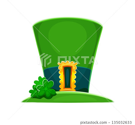 St Patrick s day leprechaun green bowler and top hat with golden buckle, blue ribbon and clover shamrock leaves. Cartoon carnival costume for party. Ireland folklore element with magic cloverleaf 135032633