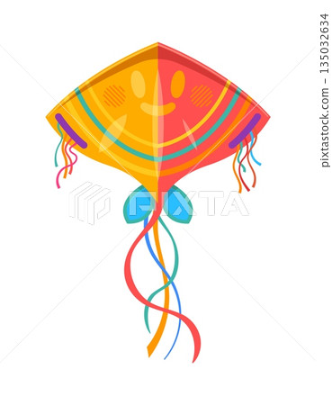 Cartoon paper kite with funny face color ornament for summer festival, vector icon. Kids entertainment toy of kite with cartoon smiling face and colorful ribbons for Makar Sankranti holiday 135032634