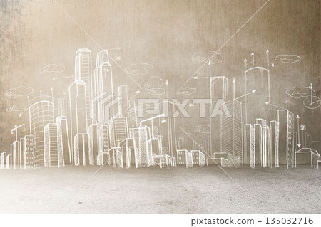 white line city skyline drawing showing arrows and clouds on textured beige corner surface white line city skyline drawing showing arrows and clouds on textured beige corner surface 135032716