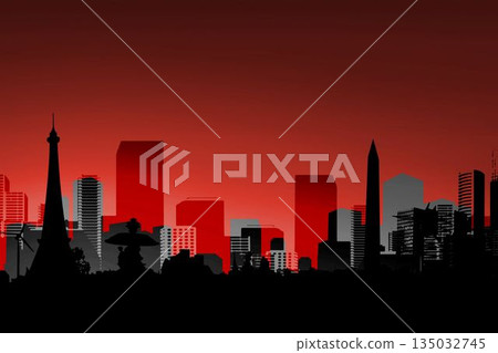 Silhouetted skyline is showing Eiffel tower, fountain, obelisk, towers and trees against sunset sky 135032745