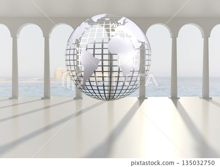 Silver globe floating in room Silver globe floating in room 135032750