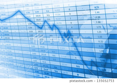 Jagged descending arrow line is overlaying flat design blue financial grid cells with world map Jagged descending arrow line is overlaying flat design blue financial grid cells with world map 135032753