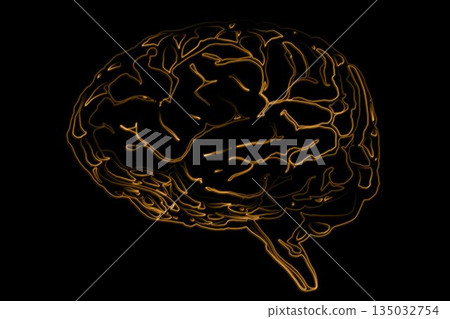 Stylized digital rendering is showing glowing golden wireframe brain against solid black background 135032754