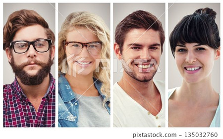 Four headshots with glasses are being shown in flat vector collage on grey background, copy space Four headshots with glasses are being shown in flat vector collage on grey background, copy space 135032760