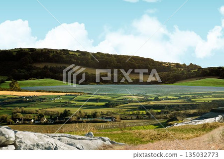 Flat design scene showing hedged farm plots, farmhouses, reservoir, wooded hills, rocky outcrop 135032773