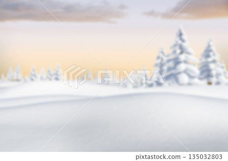 Central rolling snowdrift showing in flat design winter landscape with pastel sky and pine trees 135032803