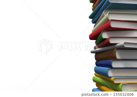 Hardcover book stack is standing in flat design on white backdrop with colorful covers, copy space Hardcover book stack is standing in flat design on white backdrop with colorful covers, copy space 135032806