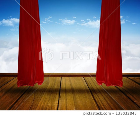Flat design stage is showing red velvet curtains parting on wooden platform, revealing cloudy sky Flat design stage is showing red velvet curtains parting on wooden platform, revealing cloudy sky 135032843