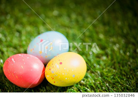 Easter eggs on grass in garden Easter eggs on grass in garden 135032846