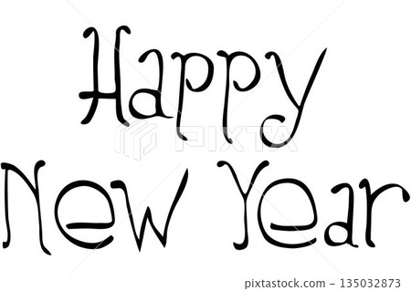 Decorative black cursive Happy New Year text is being shown on flat design background, copy space 135032873