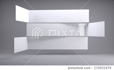 Displaying three floating white panels tilting in flat design grey studio space with soft shadows 135032874