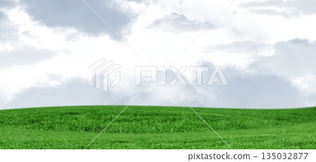 Bright green rolling hill is stretching under cloudy sky in flat design, with layered clouds Bright green rolling hill is stretching under cloudy sky in flat design, with layered clouds 135032877