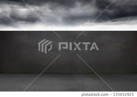 Minimalistic flat design showing storm clouds gathering above white horizon over concrete courtyard Minimalistic flat design showing storm clouds gathering above white horizon over concrete courtyard 135032925