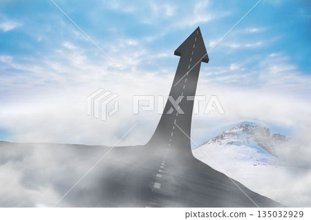 Flat design is showing road morphing into arrow in fog with dashed line near mountain peak 135032929
