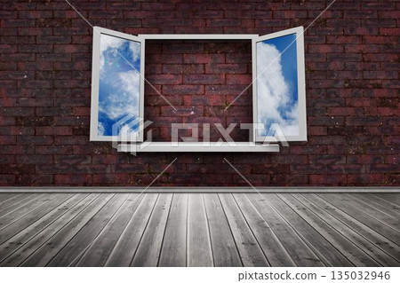 Window frame on red brick wall 135032946