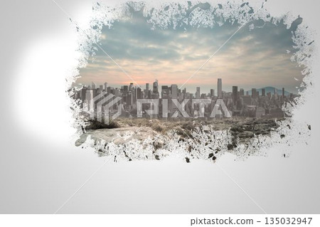 Splash on wall revealing cityscape 135032947