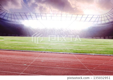 Flat design showing empty red running track around green grass field under floodlit glass canopy Flat design showing empty red running track around green grass field under floodlit glass canopy 135032951