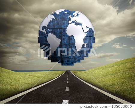Digitally generated earth floating over street Digitally generated earth floating over street 135033060