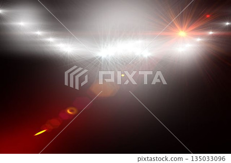 Cluster of white and orange lens flares is streaming across CGI dark field, with hexagonal bokeh Cluster of white and orange lens flares is streaming across CGI dark field, with hexagonal bokeh 135033096