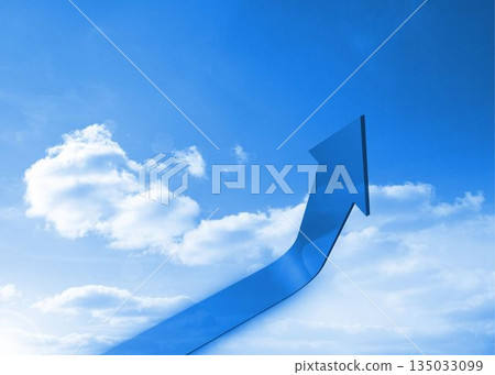 Large glossy blue arrow is curving upward in digital rendering of bright sky with scattered clouds Large glossy blue arrow is curving upward in digital rendering of bright sky with scattered clouds 135033099