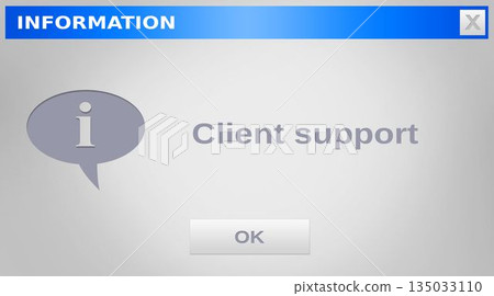 Dialog window is showing flat blue title bar X info icon client support text OK button 135033110