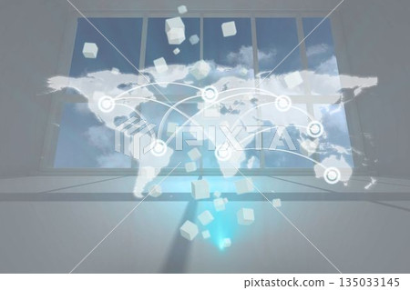Translucent world map network is appearing in 3D render with glass window, glowing nodes and cubes Translucent world map network is appearing in 3D render with glass window, glowing nodes and cubes 135033145