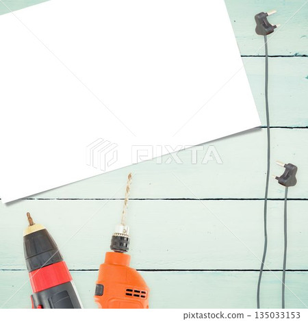 Equipments and plugs on wooden surface Equipments and plugs on wooden surface 135033153