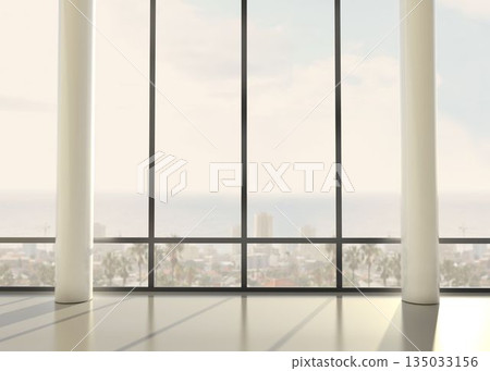 Flat minimal design showing empty room with panoramic windows, white columns, shiny floor, sea view Flat minimal design showing empty room with panoramic windows, white columns, shiny floor, sea view 135033156