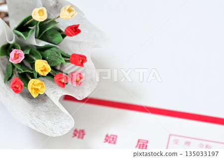 Bouquet of tulips and marriage registration 135033197