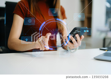 Woman using chat bot in smartphone intelligence Ai. Chat with AI Artificial Intelligence, developed by OpenAI generate. 135033208