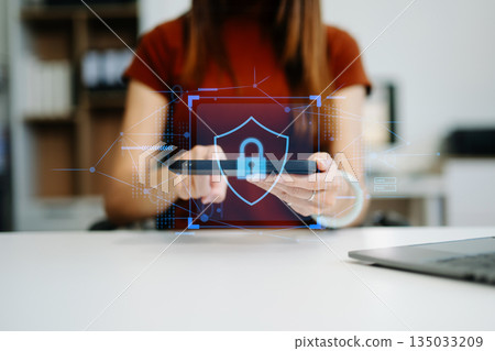 Cybersecurity and privacy concepts to protect data. Lock icon and network security technology. Man protecting personal data 135033209