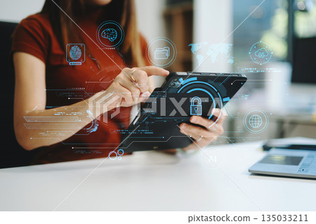 Network security. business using digital tablet and computer with digital padlock for data protection, internet technology 135033211