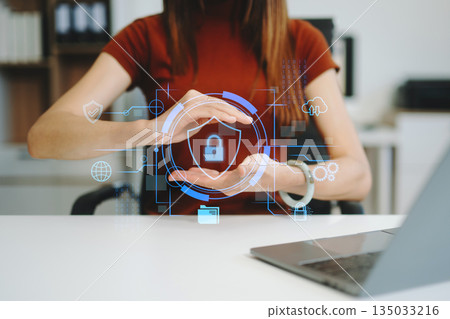 Cybersecurity and privacy concepts to protect data. Lock icon and network security technology. Man protecting personal data 135033216