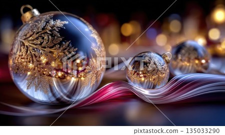 Glass christmas ornaments radiating festive golden light, copy space 135033290