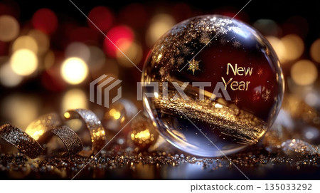 New year text on sparkling glass ornament on festive background, copy space 135033292