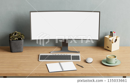 Modern Home Office Desk Interior with Blank Monitor and Notebook Mock up. 3D Rendering. 135033661