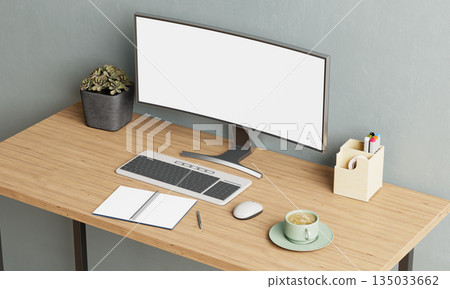 Modern Home Office Desk Interior with Blank Monitor and Notebook Mock up. 3D Rendering. Modern Home Office Desk Interior with Blank Monitor and Notebook Mock up. 3D Rendering. 135033662