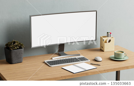 Modern Home Office Desk Interior with Blank Monitor and Notebook Mock up. 3D Rendering. Modern Home Office Desk Interior with Blank Monitor and Notebook Mock up. 3D Rendering. 135033663