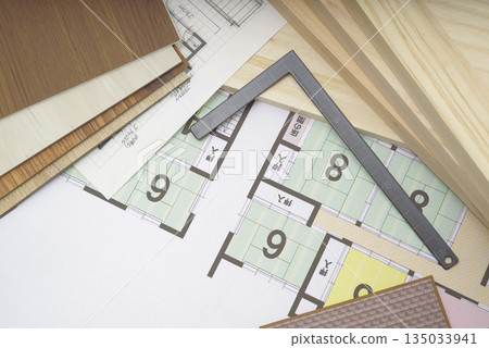 Samples of building materials and blueprints for home building Samples of building materials and blueprints for home building 135033941