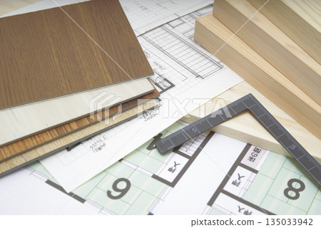 Samples of building materials and blueprints for home building 135033942