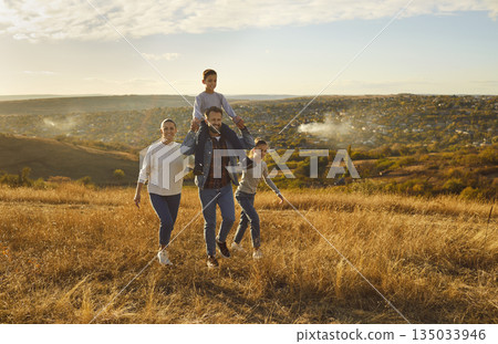 Happy family nature outdoor trip, spend weekend holiday together, parents, children enjoy good time 135033946