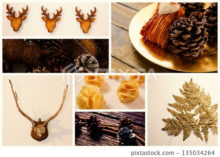 Autumn holiday flat design collage is showing wooden reindeer silhouettes, pinecones, brass plate Autumn holiday flat design collage is showing wooden reindeer silhouettes, pinecones, brass plate 135034264