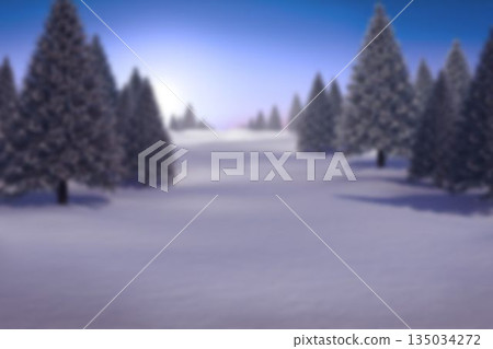 Flat design forest clearing is showing snow-covered fir trees lining glowing snowfield at sunrise Flat design forest clearing is showing snow-covered fir trees lining glowing snowfield at sunrise 135034272