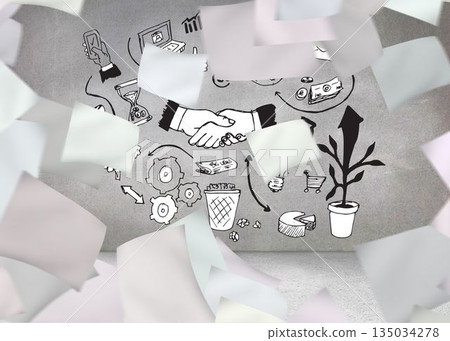 Papers in front of grey wall with graphics Papers in front of grey wall with graphics 135034278