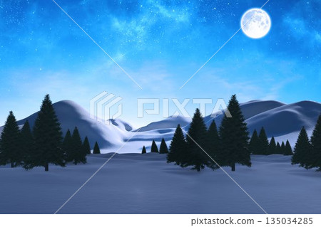 Flat design showing evergreen trees glowing under full moon as stars are twinkling over snow hills 135034285