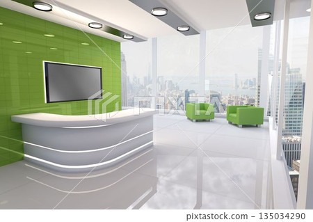 Modern room overlooking city 135034290