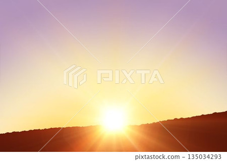 Vector illustration showing sun emerging over rocky ridge against gradient sky with lens flares Vector illustration showing sun emerging over rocky ridge against gradient sky with lens flares 135034293