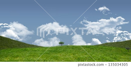 Flat design scene is showing solitary tree standing on green rolling hills under scattered clouds Flat design scene is showing solitary tree standing on green rolling hills under scattered clouds 135034305